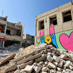 **A Palestinian artist transforming rubble into vibrant art in Gaza, expressing resilience and hope.** (Focus: Resilience, vibrant colors, Gaza)