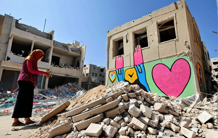 **A Palestinian artist transforming rubble into vibrant art in Gaza, expressing resilience and hope.** (Focus: Resilience, vibrant colors, Gaza)