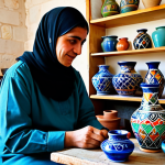 A professional image of a skilled Palestinian artisan, fully clothed in modest, traditional attire, carefully hand-painting intricate traditional patterns on a vibrant Hebron pottery vase. The artisan is seated at a wooden workbench in a sunlit, traditional pottery workshop in Hebron, with shelves displaying a variety of colorful, glazed Palestinian pottery pieces in the background. The scene is well-lit, showing detailed brushwork and the artisan's focused expression.
    *   **Quality Modifiers:** Professional photography, high resolution, sharp focus, vibrant colors, authentic cultural representation, perfect anatomy, correct proportions, natural pose, well-formed hands, proper finger count, natural body proportions, safe for work, appropriate content, fully clothed, modest, family-friendly.