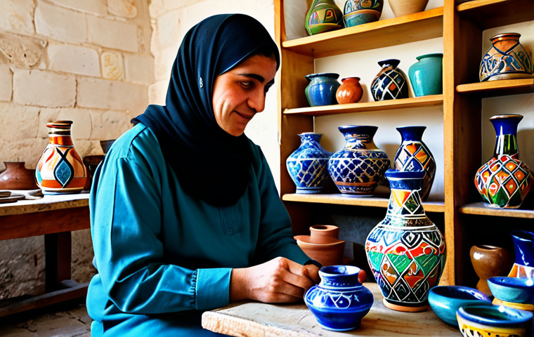 A professional image of a skilled Palestinian artisan, fully clothed in modest, traditional attire, carefully hand-painting intricate traditional patterns on a vibrant Hebron pottery vase. The artisan is seated at a wooden workbench in a sunlit, traditional pottery workshop in Hebron, with shelves displaying a variety of colorful, glazed Palestinian pottery pieces in the background. The scene is well-lit, showing detailed brushwork and the artisan's focused expression.
* **Quality Modifiers:** Professional photography, high resolution, sharp focus, vibrant colors, authentic cultural representation, perfect anatomy, correct proportions, natural pose, well-formed hands, proper finger count, natural body proportions, safe for work, appropriate content, fully clothed, modest, family-friendly.