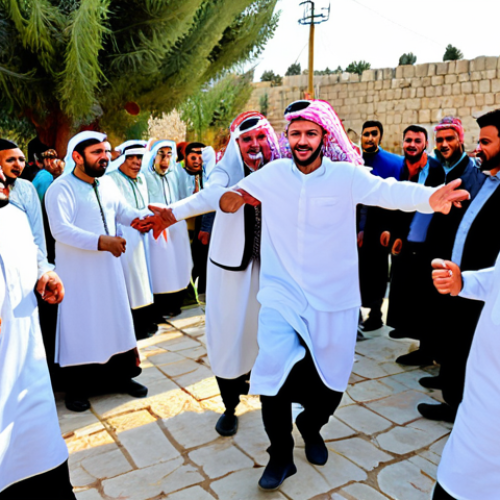 **Image:** A vibrant Palestinian wedding celebration.
    **Prompt:** "A large group of Palestinians joyfully celebrating a wedding in a village square, fully clothed in traditional, modest attire, Dabke dance in progress, surrounded by colorful decorations, family-friendly atmosphere, safe for work, perfect anatomy, correct proportions, natural pose, professional photography, high quality."