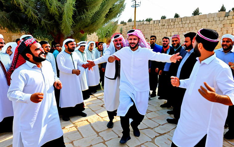 **Image:** A vibrant Palestinian wedding celebration.
**Prompt:** "A large group of Palestinians joyfully celebrating a wedding in a village square, fully clothed in traditional, modest attire, Dabke dance in progress, surrounded by colorful decorations, family-friendly atmosphere, safe for work, perfect anatomy, correct proportions, natural pose, professional photography, high quality."
