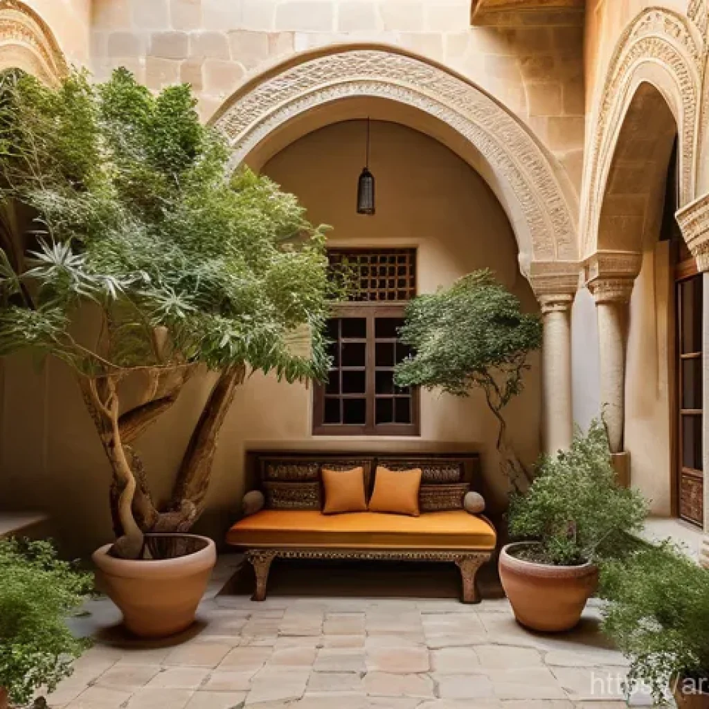 팔레스타인의 전통 가옥 - A warm, sunlit interior courtyard of a traditional Palestinian home, surrounded by thick, golden san...