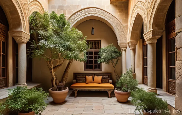 팔레스타인의 전통 가옥 - A warm, sunlit interior courtyard of a traditional Palestinian home, surrounded by thick, golden san...
