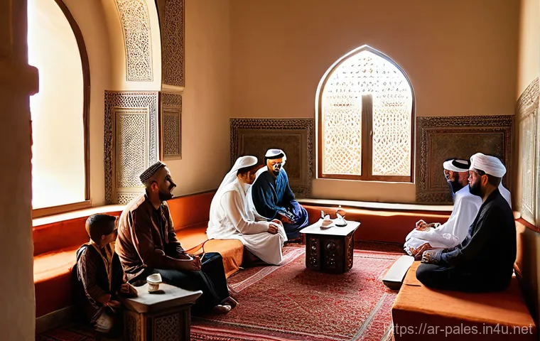 팔레스타인의 전통 가옥 - A warm, sunlit interior courtyard of a traditional Palestinian home, surrounded by thick, golden san...