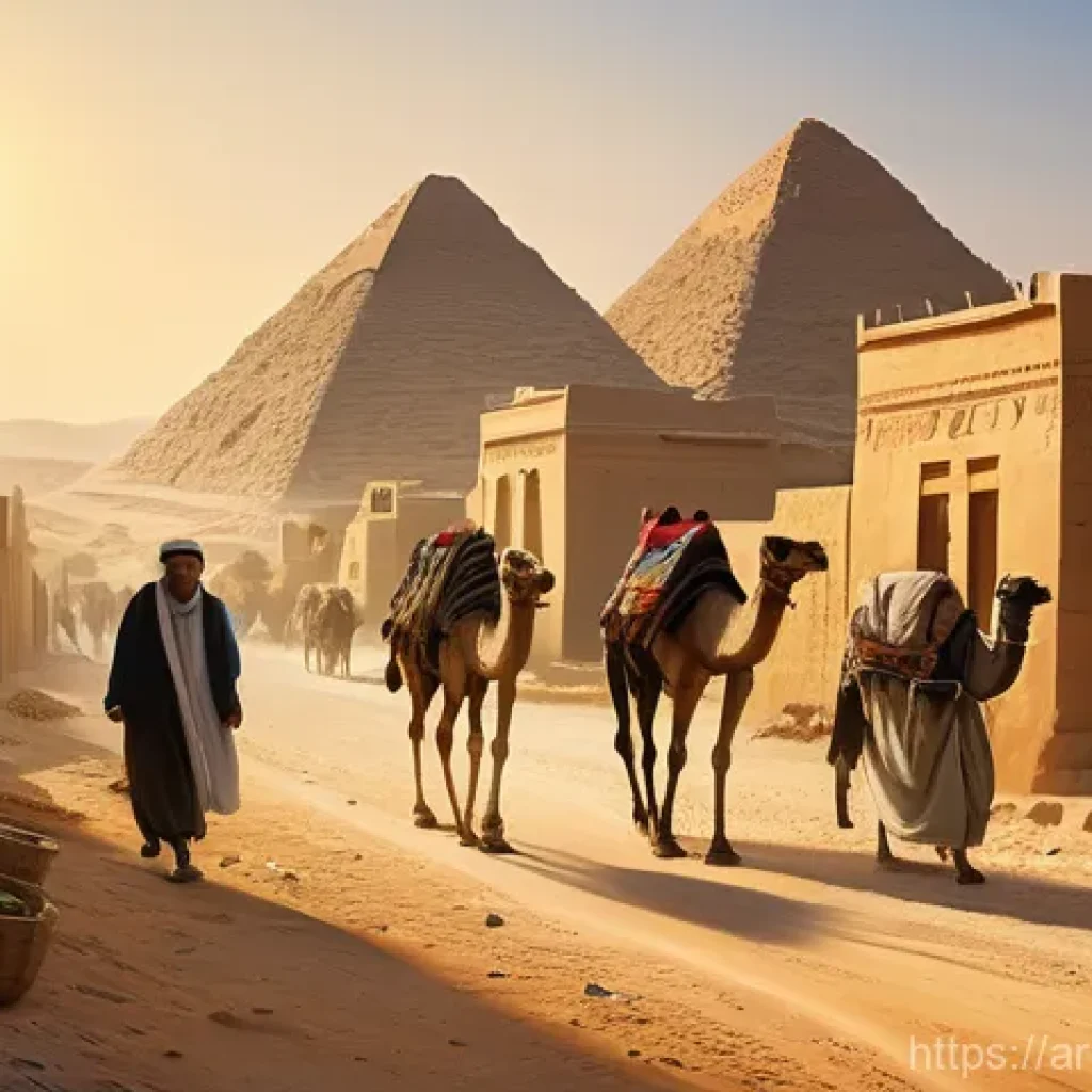 팔레스타인과 이집트의 역사적 연대 - **Prompt:** A vibrant, painterly depiction of an ancient trade route connecting Egypt and Palestine....