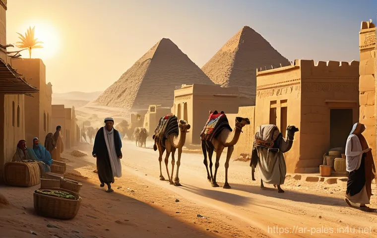 팔레스타인과 이집트의 역사적 연대 - **Prompt:** A vibrant, painterly depiction of an ancient trade route connecting Egypt and Palestine....