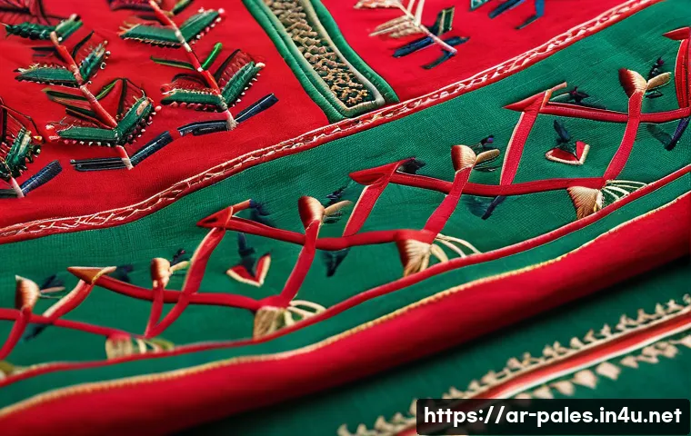팔레스타인 전통 직물 - A vibrant close-up of traditional Palestinian embroidered fabric featuring intricate geometric and f...