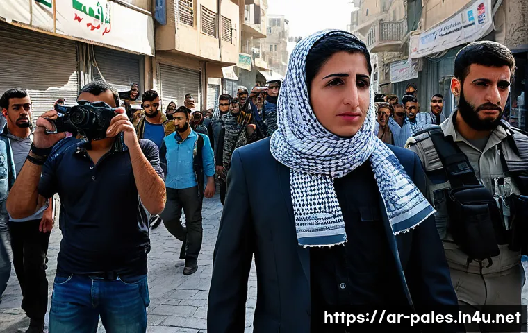 팔레스타인에서의 언론 자유 - A detailed scene showing a Palestinian journalist working under strict security constraints: the jou...