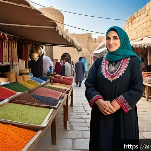 팔레스타인과 성평등 문제 - A detailed scene depicting a Palestinian woman entrepreneur in a traditional market setting, dressed...