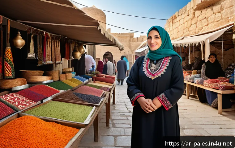 팔레스타인과 성평등 문제 - A detailed scene depicting a Palestinian woman entrepreneur in a traditional market setting, dressed...