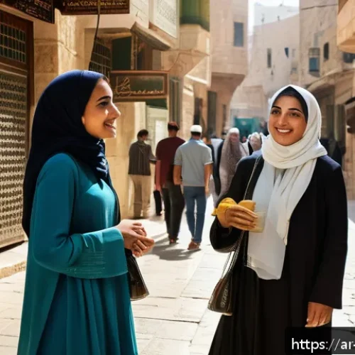 팔레스타인 언어와 방언 - A vibrant street scene in Jerusalem showcasing diverse Palestinian people engaged in lively conversa...