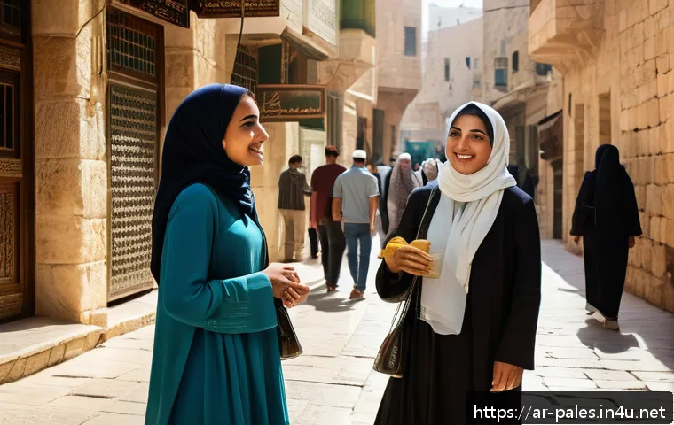 팔레스타인 언어와 방언 - A vibrant street scene in Jerusalem showcasing diverse Palestinian people engaged in lively conversa...