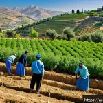 팔레스타인의 자연 환경 보호 활동 - A vibrant Palestinian organic farm near Nablus during spring, featuring farmers wearing traditional ...