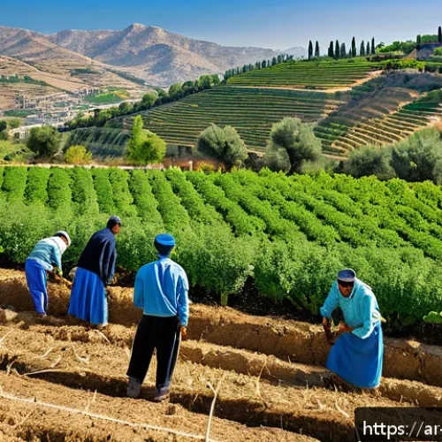 팔레스타인의 자연 환경 보호 활동 - A vibrant Palestinian organic farm near Nablus during spring, featuring farmers wearing traditional ...