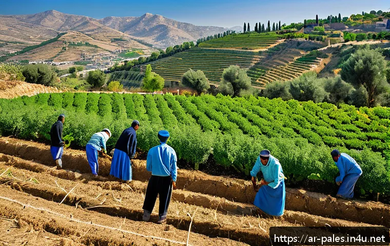 팔레스타인의 자연 환경 보호 활동 - A vibrant Palestinian organic farm near Nablus during spring, featuring farmers wearing traditional ...