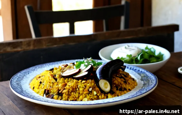 팔레스타인 전통 음식 - Photorealistic Palestinian maqluba served upside down on a large ceramic platter, layered golden ric...