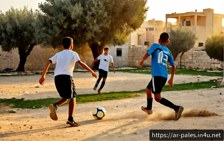 Home 26 팔레스타인의 스포츠 문화 - Photorealistic scene of Palestinian teenage boys playing football on a modest neighborhood pitch at ...