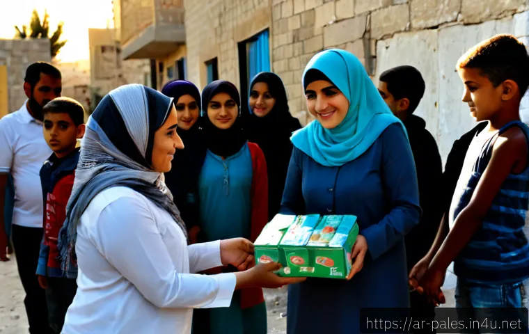 Home 15 팔레스타인과 국제 원조 - Photorealistic humanitarian aid distribution in a Palestinian neighborhood, Arab relief workers in m...